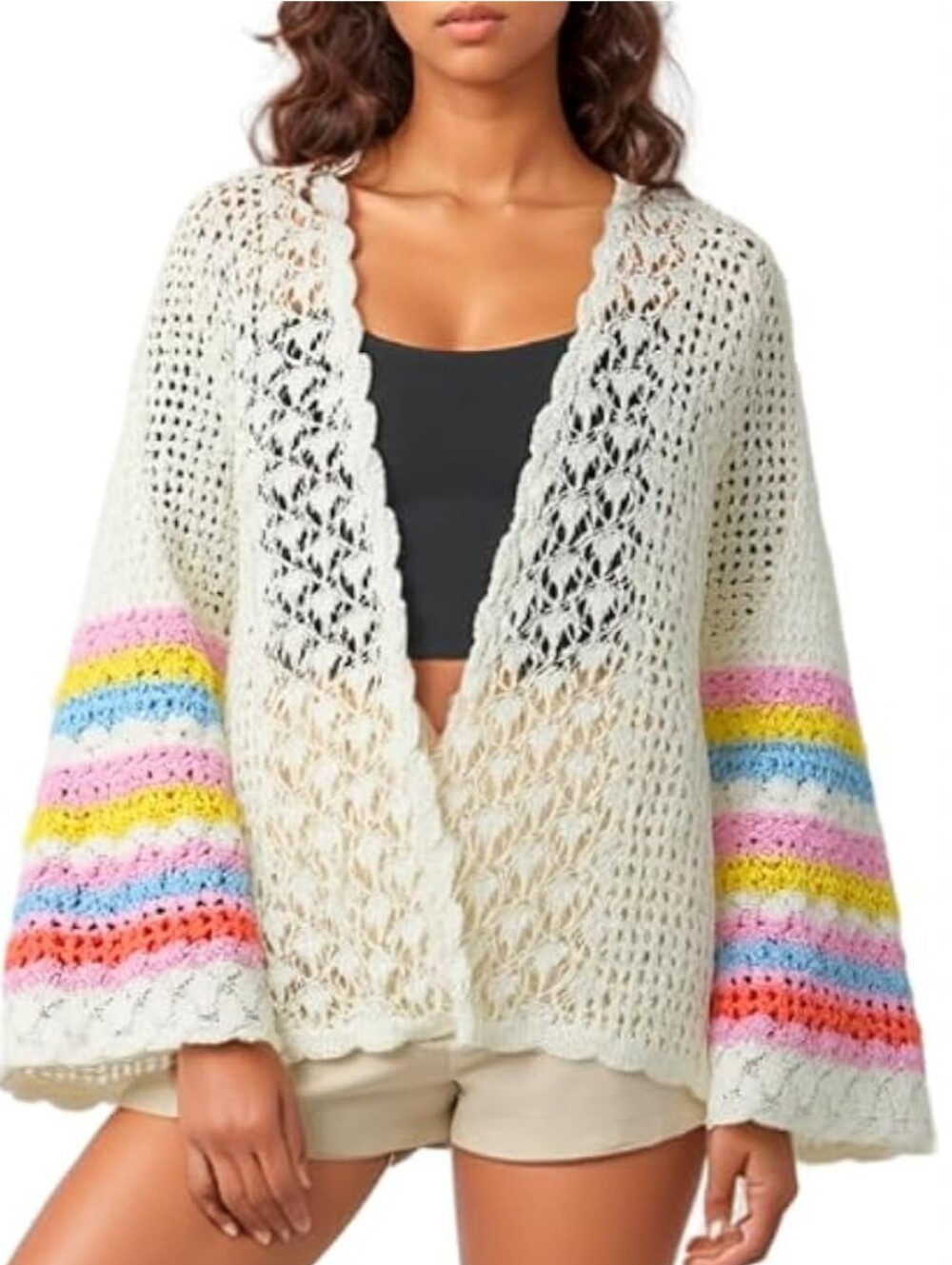 New Novelle Open-Front Bell-Sleeve Crochet Cardigan In Ivory/Multi Size XL